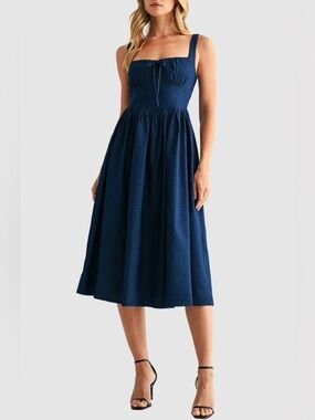 NWT All in Favor Navy Square-Neck Midi Dress with Tie Bodice SIZE:Medium(Tag Sm)